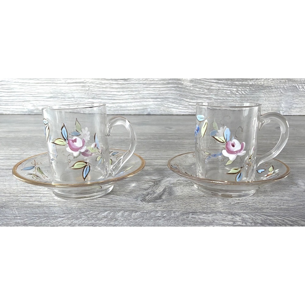 2 Child's Tea Cup & Saucer Hand-Painted Clear Glass Floral Wildflowers Miniature